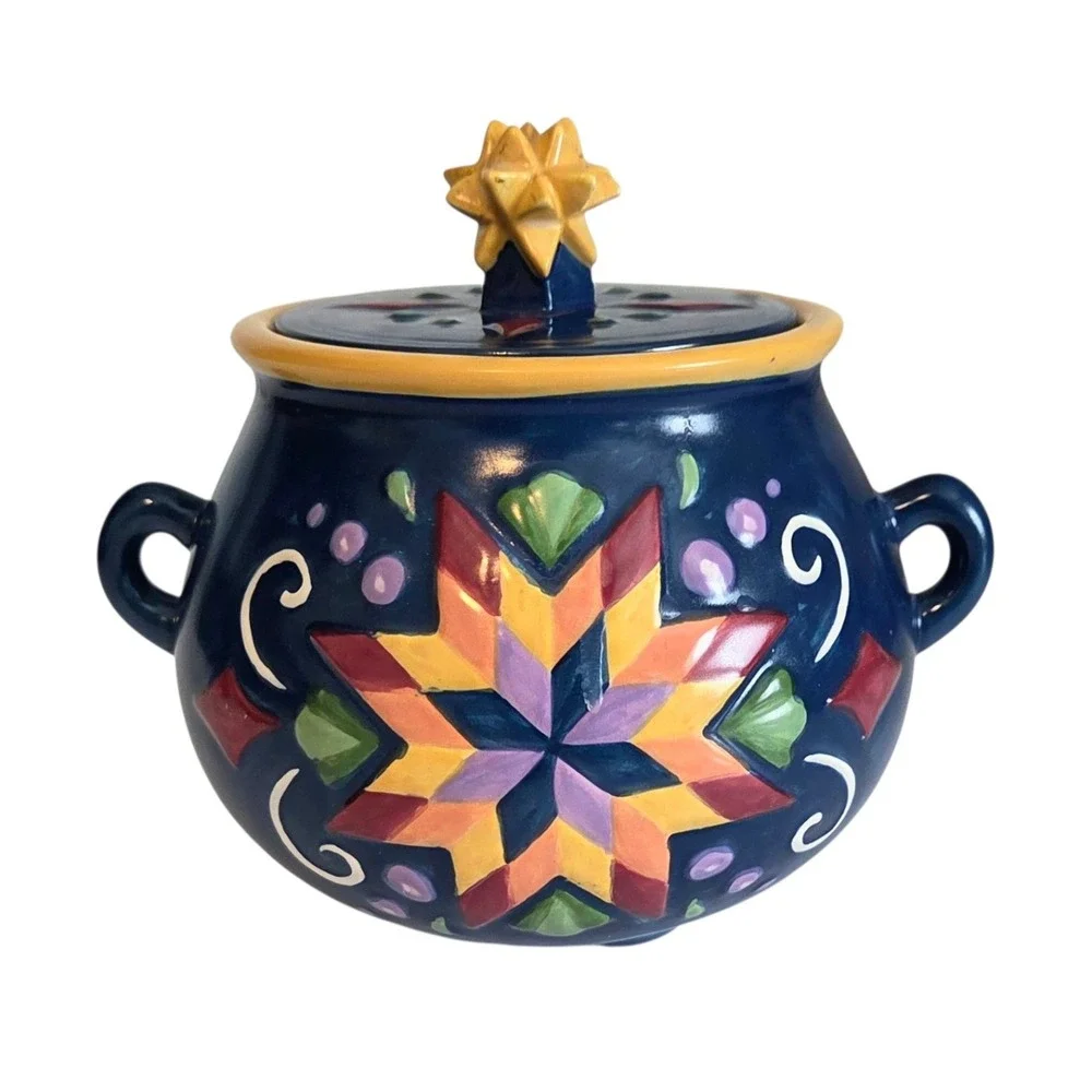Jim Shore‎ 2004 Heartwood Creek Quilted Star Lidded Candle Jar Vintage Pottery